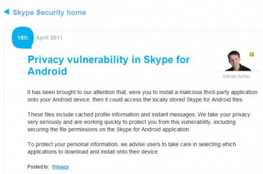 skype responds to android security issue