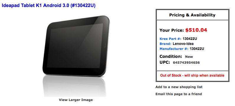 Lenovo Ideapad K1 Honeycomb Android Tablet Listing Appear Android Community