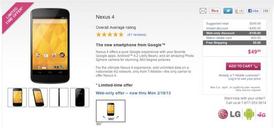 T-Mobile Nexus 4 price drops to $49.99 for a limited time - Android