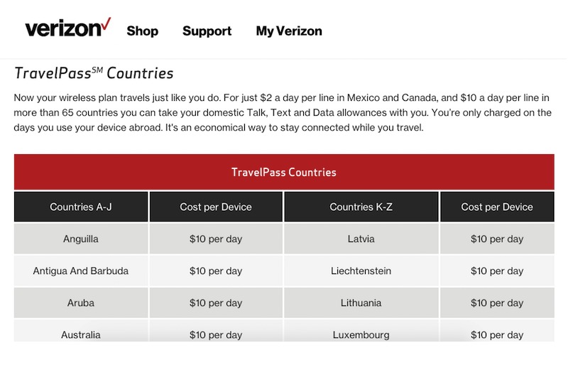 verizon wireless international travel plans