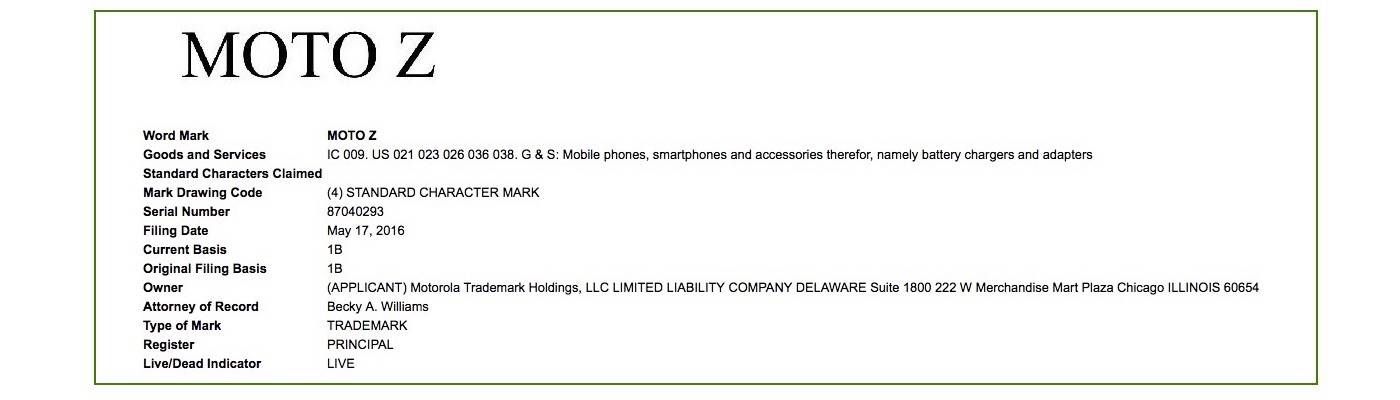 Motorola Moto Z Trademark Lenovo