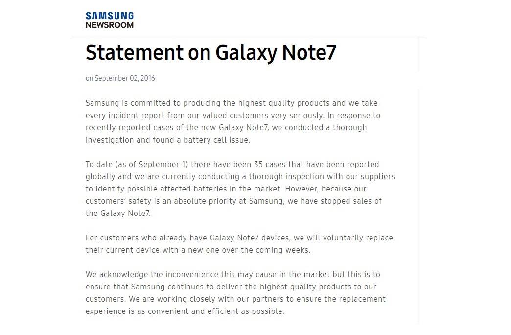 Statement on Samsung Galaxy Note 7