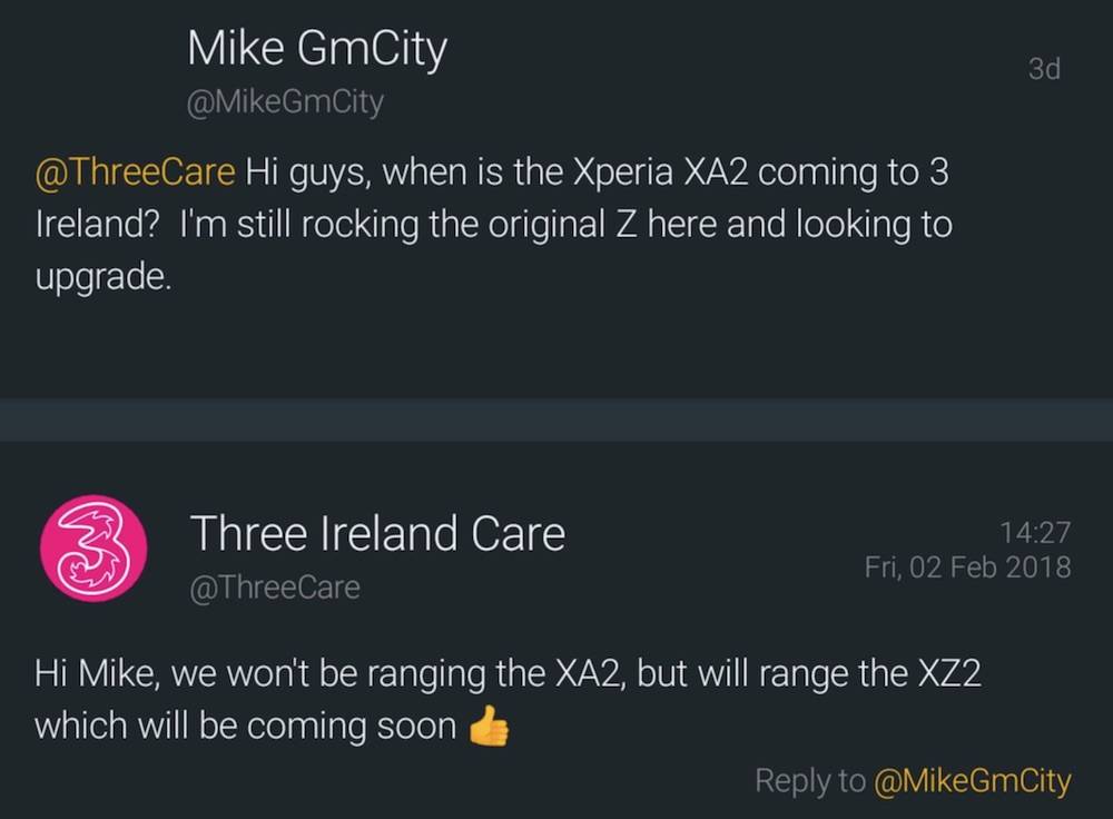 Three Ireland Care Sony Xperia XZ2