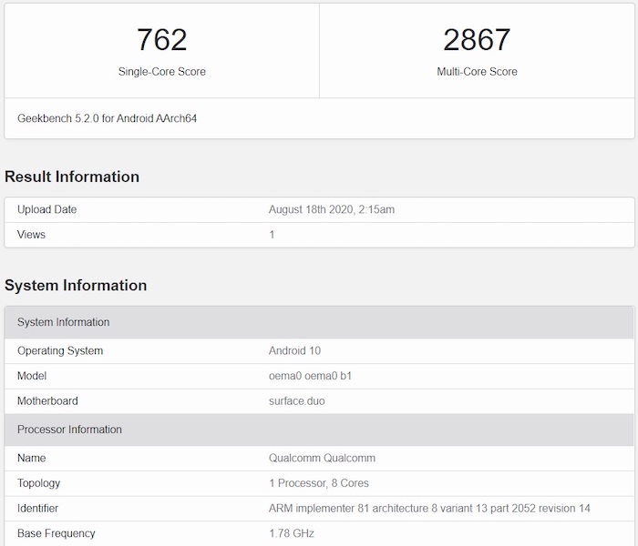 Microsoft Surface Duo Geekbench