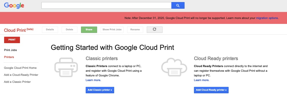 Google Cloud Print Shutdown Notice