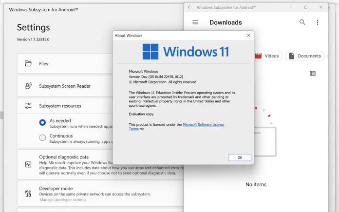 Windows Subsystem for Android for Dev Channel